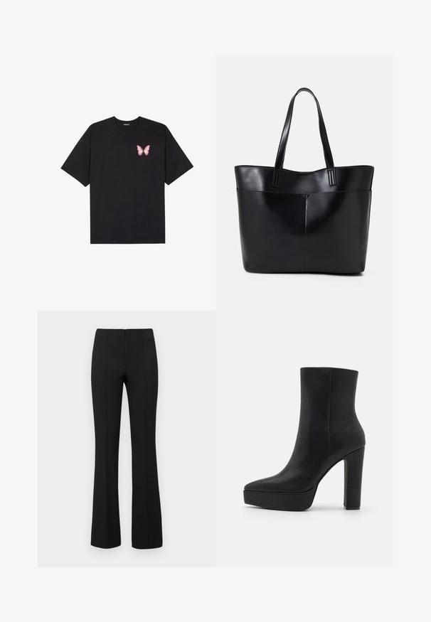 Črna bombažna majica s kratkimi rokavi, ki ima majhen roza metuljček na levi strani prsnega dela. Majica s krožnim ovratnikom in sproščenim krojem.; Črne razširjene hlače z rebrasto teksturo in oprijetim pasom. Oblikovanje vključuje navpične šive za optimiziran videz. Brez vidnih kovinskih delov.; Črne gležnjarje s koničasto toe, izdelane iz gladkega usnja. Imajo debel, visok peto in platformo za dodatno višino.; Črna usnjena torba z dvema dolgima ročajema, gladko teksturo in strukturirano obliko. Ima sprednji žep za dodatno shranjevanje.