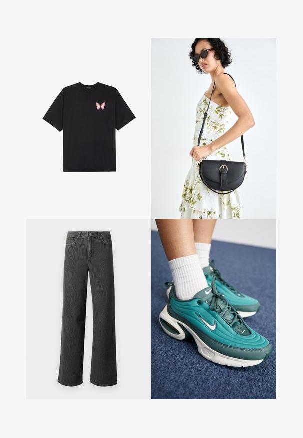 Fekete pamut póló rövid ujjakkal, bal mellkason egy kis rózsaszín pillangó grafikával. Kerek nyakú kialakítás, laza fazonnal.; Sötét szürke denim széles lábú farmer, diszkrét zebra mintás textúrával, kontrasztos varrással és öt zsebes kialakítással, gombos zipzárral.; Türkiz Nike sportcipők, texturált felsőrésszel, sima részletekkel és légpárnás fehér talppal. Ribbed fehér zoknik látszanak.; Fekete bőrtáska ívelt formával, levehető pánttal és arany színű fémrészekkel. A táskán egy csattal díszített fedél található.