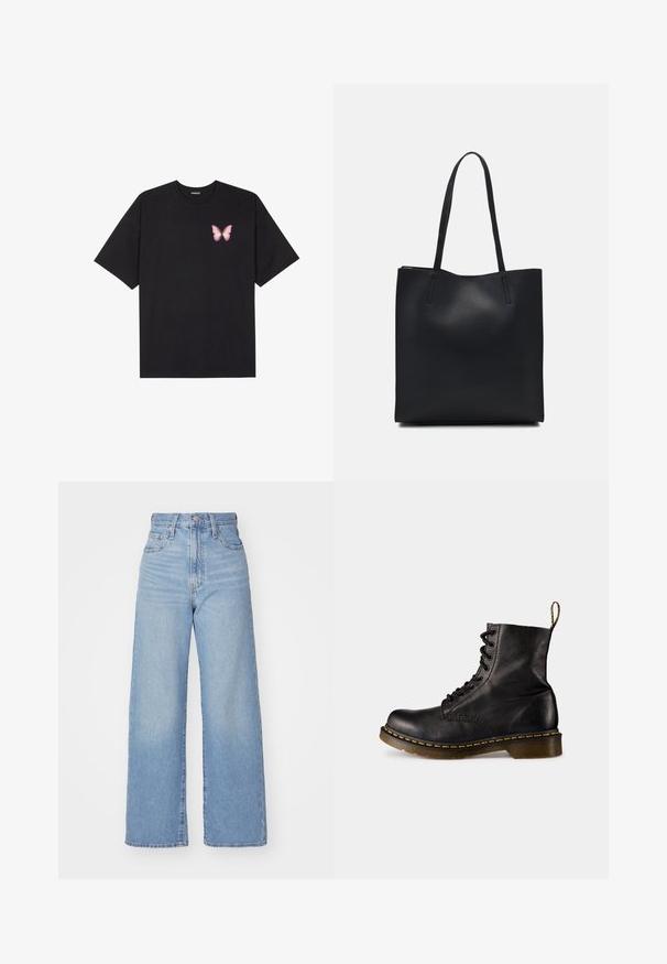 Zwarte katoenen t-shirt met korte mouwen, voorzien van een kleine roze vlinder graphic op de linkerkant van de borst. Crew neck ontwerp met een relaxte fit.; Lichtblauwe high-waist wijde jeans met een knoop- en ritssluiting aan de voorkant, voor- en achterzakken, op een witte achtergrond.; Zwarte leren veterschoen met een ronde neus, gele stiksels langs de zool en een lipje aan de achterkant. Gestructureerd afwerking, zware zool.; Zwarte leren handtas met een gladde textuur, rechthoekige vorm en twee lange handvaten. Geen zichtbare hardware of versieringen.