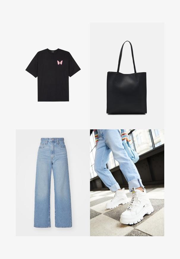 Črna bombažna majica s kratkimi rokavi, ki ima majhen roza metuljček na levi strani prsnega dela. Majica s krožnim ovratnikom in sproščenim krojem.; Svetlo modri visokorasli široki traper hlače z sprednjim gumbom in zadrgo, sprednjimi in zadnjimi žepi, na belem ozadju.; Bele bele superge z belim podplatom, s čipkastim sprednjim delom in oznako blagovne znamke. Upairane z svetlo modrimi zavihanimi jeans hlačami na vzorčnem tlaku.; Črna usnjena torba s svilnato teksturo, pravokotne oblike in dvema dolgima ročajema. Brez vidnih metalnih delov ali okrasnih elementov.