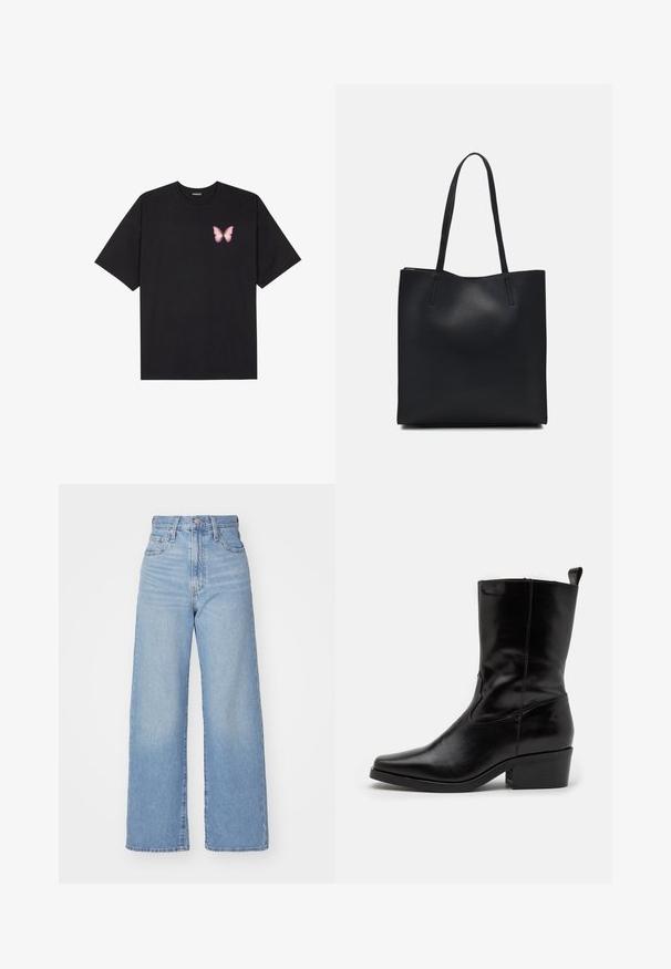Black cotton t-shirt with short sleeves, featuring a small pink butterfly graphic on the left chest. Crew neck design with a relaxed fit.; Light blue high-waist wide-leg jeans with front button and zip closure, front and back pockets, on a white background.; Black leather ankle boot with a pointed toe, low block heel, and stitched detailing. Features side elastic panels for easy slip-on access.; Black leather tote bag with smooth texture, rectangular shape, and two long handles. No visible hardware or embellishments.