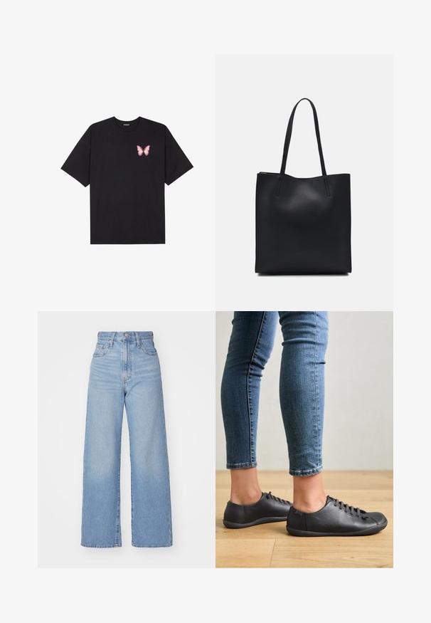 Tricou negru din bumbac cu mâneci scurte, având pe partea stângă a pieptului un mic grafic cu un fluture roz. Design cu guler rotund și croială lejeră.; Jeans cu talie înaltă, de culoare albastru deschis, cu croială largă, dotate cu nasture și fermoar la față, buzunare în față și spate, pe un fundal alb.; Pantofi din piele neagră, cu vârf rotunjit, profil jos și sistem de șireturi. Asortați cu blugi albaștri, ajustați, pe un fundal din parchet.; Geantă tote neagră din piele, cu textură netedă, formă rectangulară și două mânere lungi. Fără hardware vizibil sau ornamente.