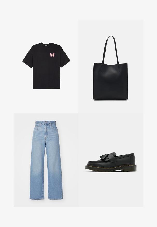 Black cotton t-shirt with short sleeves, featuring a small pink butterfly graphic on the left chest. Crew neck design with a relaxed fit.; Light blue high-waist wide-leg jeans with front button and zip closure, front and back pockets, on a white background.; Black leather loafers with a rounded toe, featuring a fringed detail and a decorative band across the front, set on a chunky heel.; Black leather tote bag with smooth texture, rectangular shape, and two long handles. No visible hardware or embellishments.