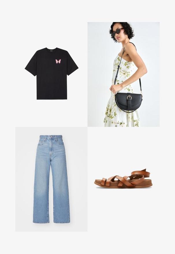 T-shirt en coton noir à manches courtes, avec un petit graphique de papillon rose sur la poitrine gauche. Modèle à col rond avec une coupe décontractée.; Jean large taille haute bleu clair avec bouton et fermeture éclair à l'avant, poches avant et arrière, sur fond blanc.; Sandales en cuir marron avec des brides croisées, semelles plates et talon légèrement surélevé. Texture douce et design minimaliste.; Sac à main en cuir noir avec une forme courbée, bandoulière amovible et des accessoires en or. Le sac est doté d'un rabat avec un détail de boucle.