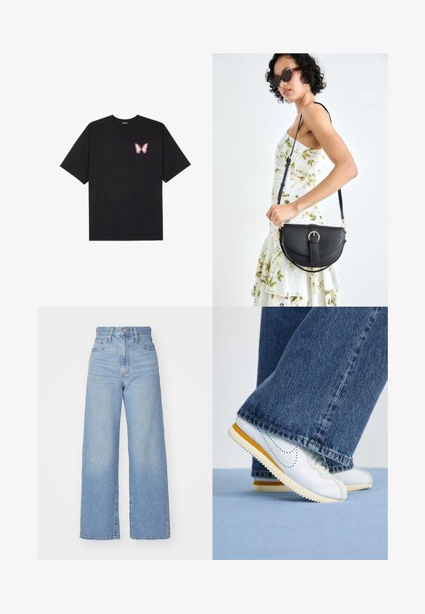 Black cotton t-shirt with short sleeves, featuring a small pink butterfly graphic on the left chest. Crew neck design with a relaxed fit.; Light blue high-waist wide-leg jeans with front button and zip closure, front and back pockets, on a white background.; White leather sneakers with yellow accents, round toe, and textured rubber sole, paired with dark blue denim flared pants.; Black leather handbag with a curved shape, detachable strap, and gold hardware. The bag features a flap with a buckle detail.