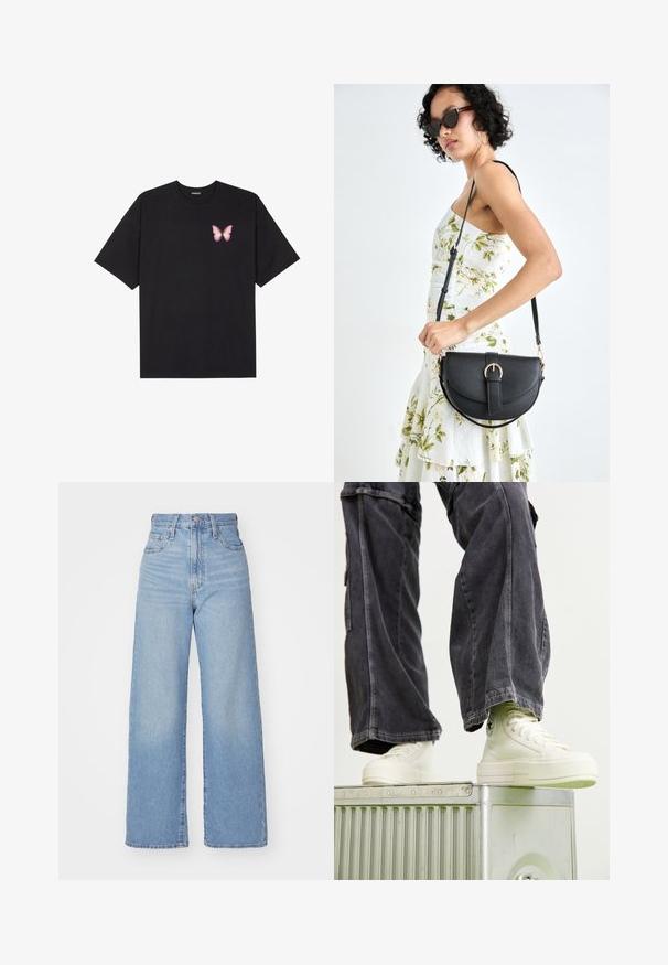 Black cotton t-shirt with short sleeves, featuring a small pink butterfly graphic on the left chest. Crew neck design with a relaxed fit.; Light blue high-waist wide-leg jeans with front button and zip closure, front and back pockets, on a white background.; High-top sneakers in off-white canvas with rubber soles, detailed stitching, and a circular logo, paired with dark gray wide-leg cargo pants.; Black leather handbag with a curved shape, detachable strap, and gold hardware. The bag features a flap with a buckle detail.