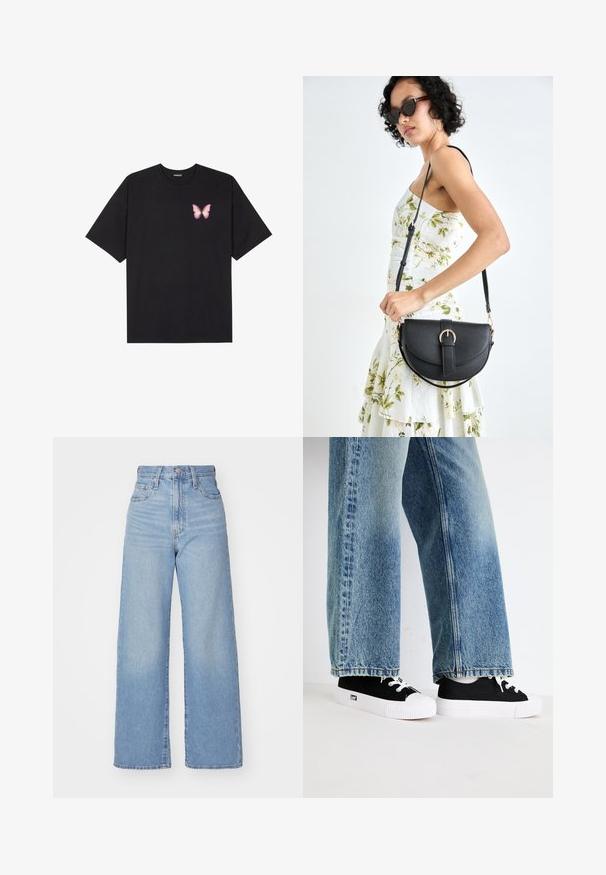 T-shirt en coton noir à manches courtes, avec un petit graphique de papillon rose sur la poitrine gauche. Modèle à col rond avec une coupe décontractée.; Jean large taille haute bleu clair avec bouton et fermeture éclair à l'avant, poches avant et arrière, sur fond blanc.; Baskets en toile noires avec des semelles et des lacets en caoutchouc blanc, associées à un jean à jambes larges délavé avec un ourlet effiloché et des variations de teintes bleues.; Sac à main en cuir noir avec une forme courbée, bandoulière amovible et des accessoires en or. Le sac est doté d'un rabat avec un détail de boucle.