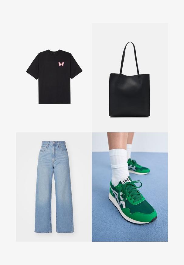 Black cotton t-shirt with short sleeves, featuring a small pink butterfly graphic on the left chest. Crew neck design with a relaxed fit.; Light blue high-waist wide-leg jeans with front button and zip closure, front and back pockets, on a white background.; Green mesh and synthetic sneakers with white accents and black rubber sole. Features laces, padded collar, and ASICS logo on tongue.; Black leather tote bag with smooth texture, rectangular shape, and two long handles. No visible hardware or embellishments.