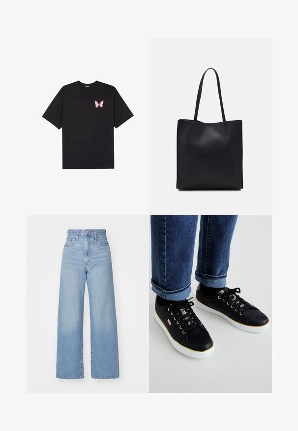 Must muströöpidega must puuvillane T-särk, vasakul rinnal on väike roosa liblikas. Ümar kaelus ja vabalt istuv lõige.; Heledad sinine kõrge vöökohaga laiad teksad, ees nupp ja tõmblukk, ees ja taga taskud, valge tausta peal.; Mustad tennised valgete talladega, kuldsete aksessuaaridega ja mustritega shoelace'idega. Kombineeritud üleskeeratud siniste teksadega.; Mustast nahast kott sujuva tekstuuriga, ristkülikukujuline ja kahe pika sangaga. Pole nähtavat riistvara ega kaunistusi.