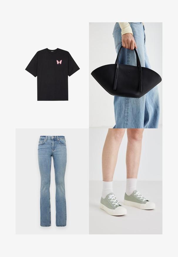 Černé bavlněné tričko s krátkým rukávem, na levém prsou s malou grafikou růžové motýlky. Design s kruhovým výstřihem a volným střihem.; Světle modré dámské denimové zvonové džíny s středním pasem, které mají pět kapes, poutka na opasek a jemné vyblednutí na stehnech.; Světle zelené plátěné tenisky s bílými gumovými podrážkami a tkaničkami. Mají zaoblenou špičku a strukturovanou bílou podrážku. Společně s bílými ponožkami.; Černá kožená kabelka s jedinečným tvarováním ve tvaru vějíře, vybavená plochými uchy. Povrch má jemně zrnitou texturu a minimalistický design.