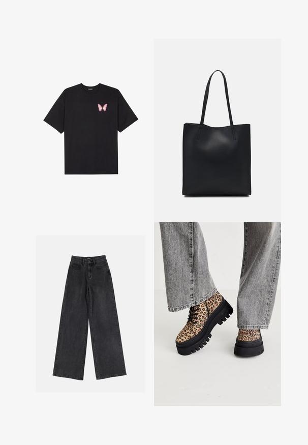 Black cotton t-shirt with short sleeves, featuring a small pink butterfly graphic on the left chest. Crew neck design with a relaxed fit.; Black wide-leg denim jeans featuring a high waist, classic five-pocket design, and subtle fading. Durable fabric with a smooth texture.; Steve Madden COAST - Lace-up ankle boots - brown/multi-coloured; Black leather tote bag with smooth texture, rectangular shape, and two long handles. No visible hardware or embellishments.