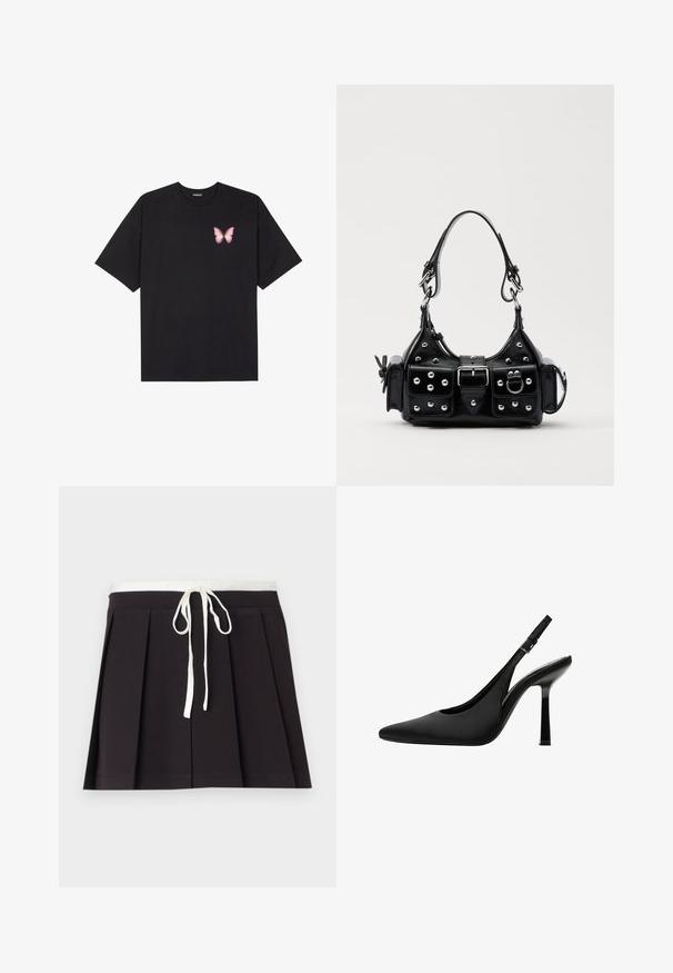 Čierne bavlnené tričko s krátkymi rukávmi, s malým ružovým motýlikom na ľavej hrudi. Design s okrúhlym výstrihom a uvoľneným strihom.; Čierna plisovaná sukňa s bielym tkaným pásom na šnurovanie. Vyrobená z jemného materiálu, s hladkou textúrou a jednoduchým, klasickým dizajnom.; Čierne saténové slingback lodičky s špicatou špičkou, elegantným dizajnom a vysokým lesklým stiletto podpätkom. Detail nastaviteľného remienka na členku.; Čierna kožená kabelka s zakriveným dizajnom, doplnená striebornými cvočkami, prackou a dvoma bočnými vreckami. Nastaviteľný popruh poskytuje rôzne možnosti nosenia.