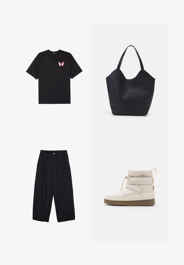 Schwarzes Baumwoll-T-Shirt mit kurzen Ärmeln, das ein kleines pinkes Schmetterlingsmotiv auf der linken Brust zeigt. Crewneck-Design mit einem entspannten Schnitt.; Schwarze Polyester-Culotte mit einem elastischen Bund, zwei vorderen Falten und einer lockeren Silhouette. Keine sichtbaren Muster oder Hardware-Details.; Beige Knöchelstiefel aus gesteppter Stoff, mit elastischem Schnürsystem und Gummisohle. Verfügt über einen gepolsterten Kragen und ein dezentes Logo an der Seite.; Schwarze Tote-Bag aus glattem Leder, mit einem abgerundeten, offenen Oberteil, zwei Schulterträgern und einem minimalistischen Design.