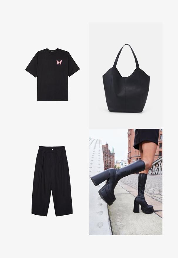 Zwarte katoenen t-shirt met korte mouwen, voorzien van een kleine roze vlinder graphic op de linkerkant van de borst. Crew neck ontwerp met een relaxte fit.; Zwarte polyester culottes met een elastische tailleband, twee voorkreukels en een losse pasvorm. Geen zichtbare patronen of hardware-details.; Zwarte kniehoge platformlaarzen van glad leder, met dikke vierkante hakken en een slank ontwerp, tegen een stadsachtergrond.; Zwarte tote tas van glad leer, met een gebogen, open bovenkant en twee schouderbanden, en een minimalistisch ontwerp.