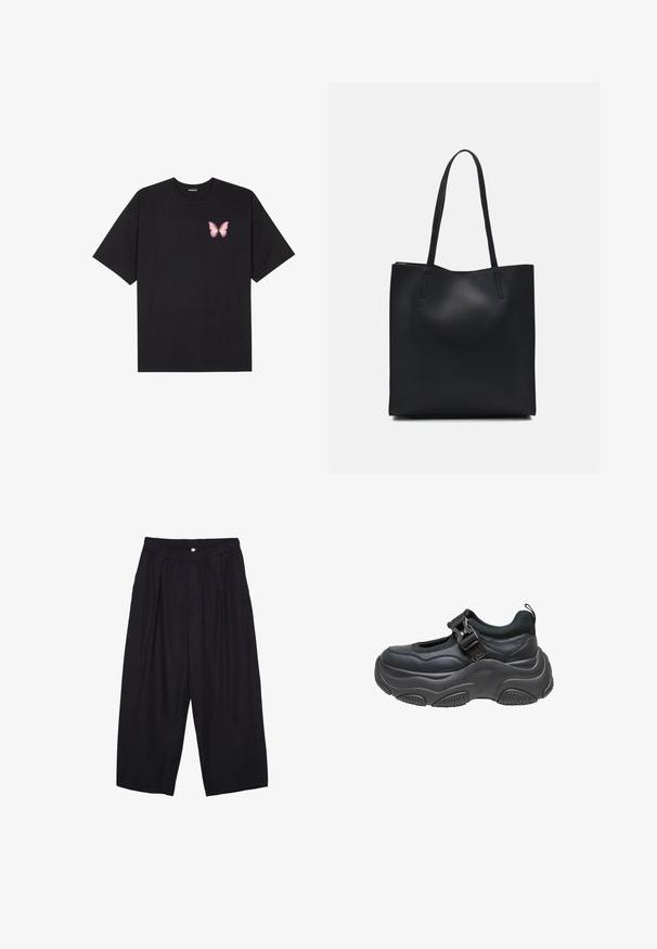 Čierne bavlnené tričko s krátkymi rukávmi, s malým ružovým motýlikom na ľavej hrudi. Design s okrúhlym výstrihom a uvoľneným strihom.; Čierne polyesterové culotte nohavice s elastickým pásom, dvoma prednými záhybmi a voľným strihom. Žiadne viditeľné vzory ani detaily z kovu.; Čierne športové tenisky s textúrovanou gumovou podrážkou, zapínaním na remienok, polstrovaným golierom a hladkým syntetickým vrchom s výrezovým dizajnom.; Čierna kožená taška na rameno s hladkým povrchom, obdĺžnikovým tvarom a dvoma dlhými uchami. Bez viditeľného kovania alebo ozdôb.