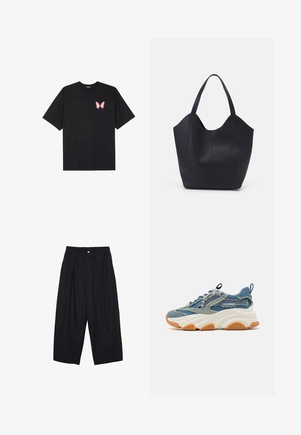 T-shirt nera in cotone con maniche corte, caratterizzata da una piccola grafica di una farfalla rosa sul lato sinistro del petto. Design a girocollo con una vestibilità rilassata.; Pantaloni culotte neri in poliestere con una cintura elastica, due pieghe frontali e una silhouette ampia. Nessun motivo visibile o dettagli in metallo.; Sneaker in denim con un design a strati blu, dettagli sfrangiati, una suola spessa bianca e una suola in gomma marrone per una buona aderenza.; Borsa tote nera realizzata in pelle liscia, con una parte superiore curva e aperta, dotata di due manici per spalla e un design minimalista.