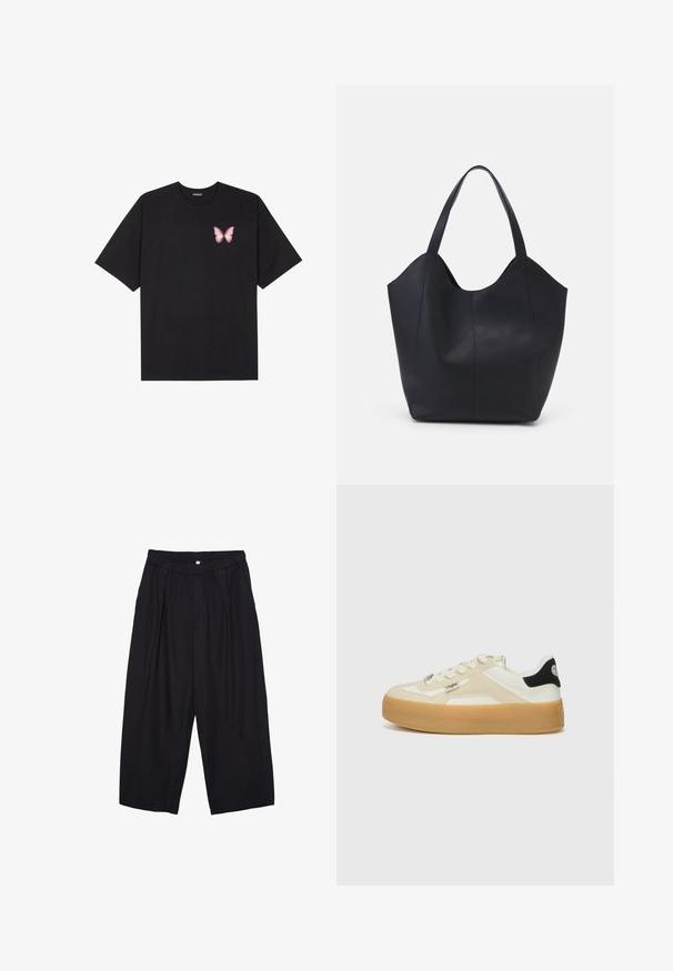 Černé bavlněné tričko s krátkým rukávem, na levém prsou s malou grafikou růžové motýlky. Design s kruhovým výstřihem a volným střihem.; Černé polyesterové culotte kalhoty s elastickým pasem, dvěma předními sklady a volným siluetou. Žádné viditelné vzory ani kovové detaily.; Bílé a béžové tenisky s texturovanými panely, kulatou špičkou, šněrováním vpředu a gumovou podrážkou. Černý akcent na patě. Obsahují design loga.; Černá taška přes rameno vyrobená z hladké kůže, s zakřiveným, otevřeným vrchem a dvěma ramenními popruhy, s minimalistickým designem.
