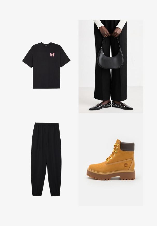 T-shirt de algodão preto com mangas curtas, apresentando um pequeno gráfico de borboleta rosa no lado esquerdo do peito. Design de gola redonda com um corte solto.; Calças pretas, leves, com um cinto elástico e punhos franzidos. O tecido é suave e apresenta um design relaxado e afunilado.; Bota ankle impermeável castanha com uma sola de borracha resistente, bico redondo, colarinho de couro castanho, atacadores amarelos e um logotipo na lateral.; Bolsa de ombro de couro preta com forma arredondada, acabamento brilhante e ferragens prateadas. Pessoa vestindo calças largas pretas e mocassins com tachas.