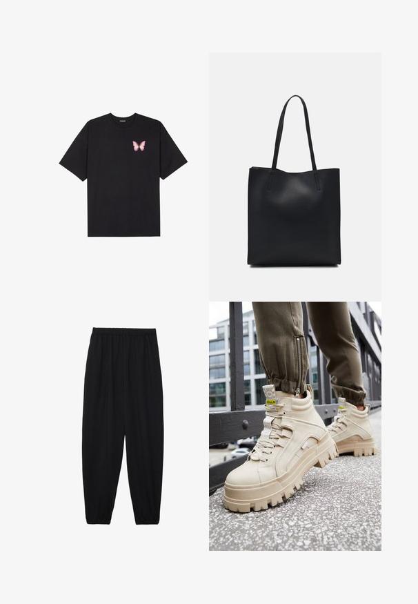 Crna pamučna majica s kratkim rukavima, s malim grafičkim prikazom ružičaste vjetricaste s desne strane na prsima. Dizajn s okruglim izrezom i opuštenim krojem.; Crne, lagane hlače s elastičnom stražnjom pasicom i naboranim gležnjevima. Tkanina je glatka i ima opušteni, suženi dizajn.; Bež visoke tenisice s debelim, teksturiranim đonom, svezanim dizajnom i žutim oznakama. Teksturirana kožna gornja površina s kontrastnim šavovima.; Crna kožna torba za nošenje s glatkom teksturom, pravokutnim oblikom i dvije duge ručke. Nema vidljivih metalnih dijelova ili ukrasa.