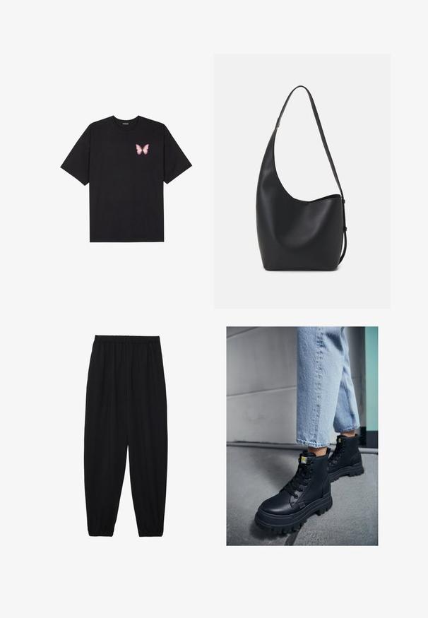 T-shirt en coton noir à manches courtes, avec un petit graphique de papillon rose sur la poitrine gauche. Modèle à col rond avec une coupe décontractée.; Pantalons noirs légers avec une taille élastique et des chevilles froncées. Le tissu est lisse et présente un design décontracté et fuselé.; Bottines montantes noires en cuir texturé, avec une semelle en caoutchouc épaisse et des lacets noirs, associées à un jean en denim bleu clair retroussé.; Sac hobo en cuir noir avec une texture lisse, une forme incurvée et une seule sangle réglable ; dispose d'une large ouverture en haut.