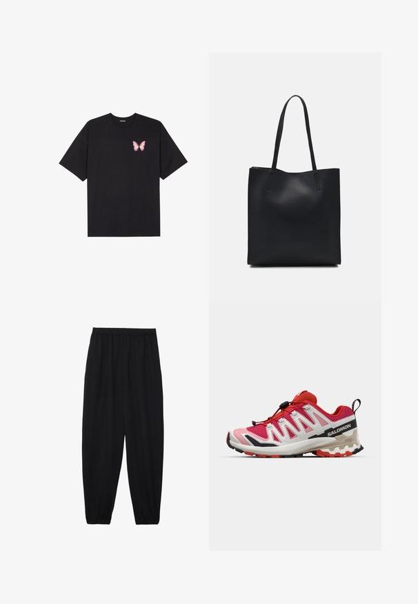T-shirt de algodão preto com mangas curtas, apresentando um pequeno gráfico de borboleta rosa no lado esquerdo do peito. Design de gola redonda com um corte solto.; Calças pretas, leves, com um cinto elástico e punhos franzidos. O tecido é suave e apresenta um design relaxado e afunilado.; Sapatilhas em malha vermelha e rosa com acentos brancos e pretos. Apresenta um colarinho almofadado, sistema de atilhos com fecho de velcro e sola de borracha texturizada.; Bolsa tote preta em couro com textura lisa, forma retangular e duas alças longas. Sem hardware ou enfeites visíveis.