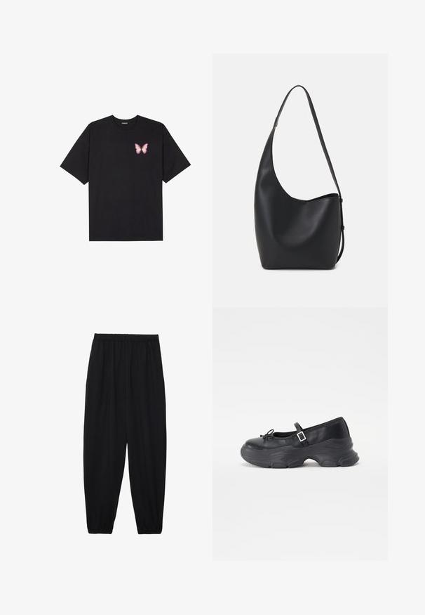 Camiseta de algodón negra de manga corta, con un pequeño gráfico de mariposa rosa en el lado izquierdo del pecho. Diseño de cuello redondo con un corte relajado.; Pantalones negros, ligeros, con cintura elástica y tobillos fruncidos. La tela es suave y presenta un diseño relajado y ajustado.; Zapato Mary Jane de cuero negro con punta redondeada, detalle de lazo y correa ajustable en el tobillo. Presenta una suela de goma gruesa con acentos curvados.; Bolso tipo hobo de cuero negro con una textura suave, forma curvada y una sola correa ajustable; presenta una amplia apertura en la parte superior.