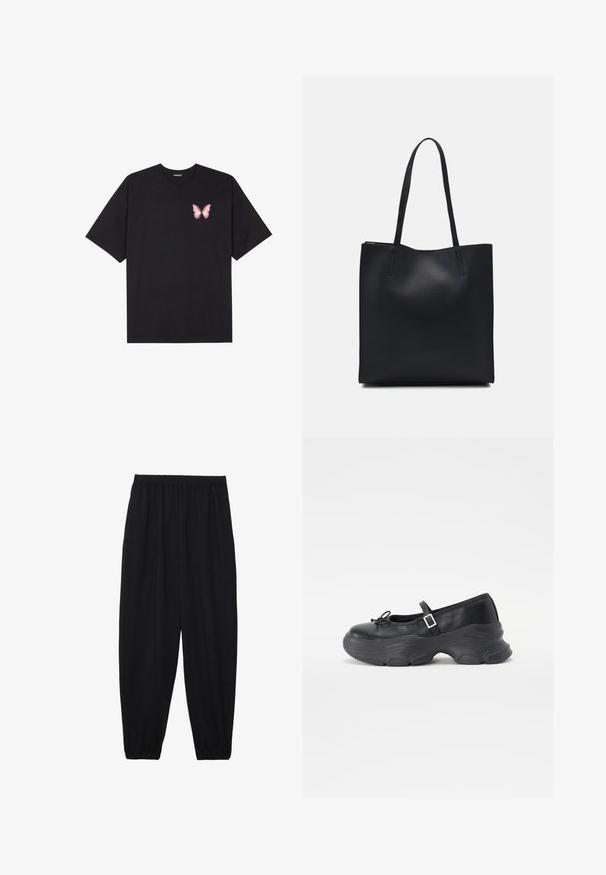 Camiseta de algodón negra de manga corta, con un pequeño gráfico de mariposa rosa en el lado izquierdo del pecho. Diseño de cuello redondo con un corte relajado.; Pantalones negros, ligeros, con cintura elástica y tobillos fruncidos. La tela es suave y presenta un diseño relajado y ajustado.; Zapato Mary Jane de cuero negro con punta redondeada, detalle de lazo y correa ajustable en el tobillo. Presenta una suela de goma gruesa con acentos curvados.; Bolso tote de cuero negro con textura lisa, forma rectangular y dos asas largas. Sin herrajes ni adornos visibles.