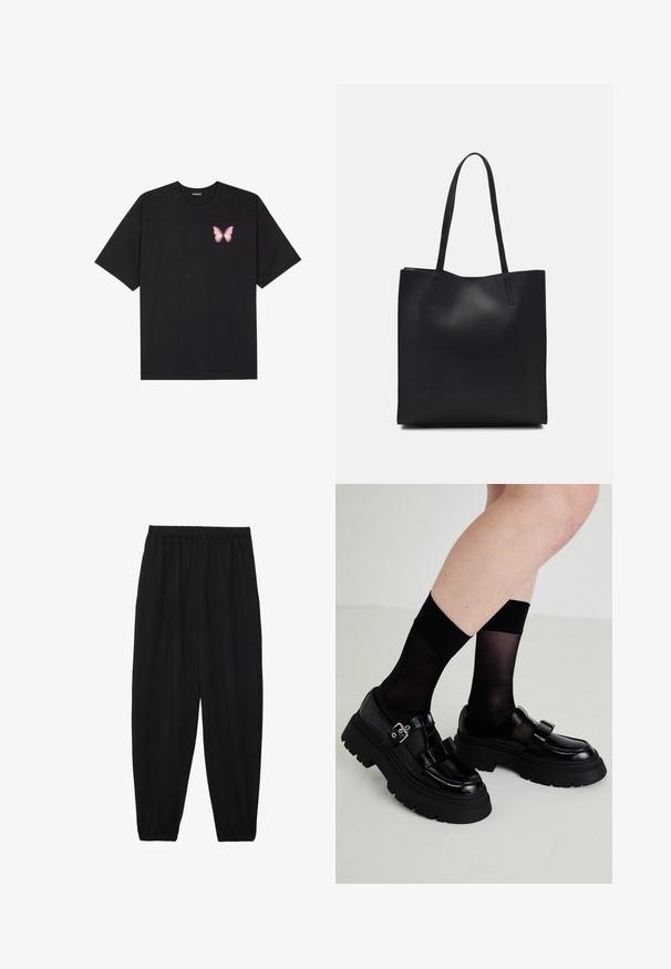 Black cotton t-shirt with short sleeves, featuring a small pink butterfly graphic on the left chest. Crew neck design with a relaxed fit.; Black, lightweight pants with an elastic waistband and gathered ankles. The fabric is smooth and features a relaxed, tapered design.; Black patent leather shoes with chunky soles, two decorative straps, and a buckle, paired with sheer black socks.; Black leather tote bag with smooth texture, rectangular shape, and two long handles. No visible hardware or embellishments.