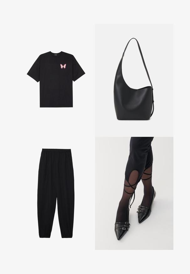 Black cotton t-shirt with short sleeves, featuring a small pink butterfly graphic on the left chest. Crew neck design with a relaxed fit.; Black, lightweight pants with an elastic waistband and gathered ankles. The fabric is smooth and features a relaxed, tapered design.; Black pointed-toe flats made of leather, featuring three metal buckle accents and a smooth finish, worn with sheer black stockings.; Black leather hobo bag with a smooth texture, curved shape, and single adjustable strap; features a wide opening at the top.