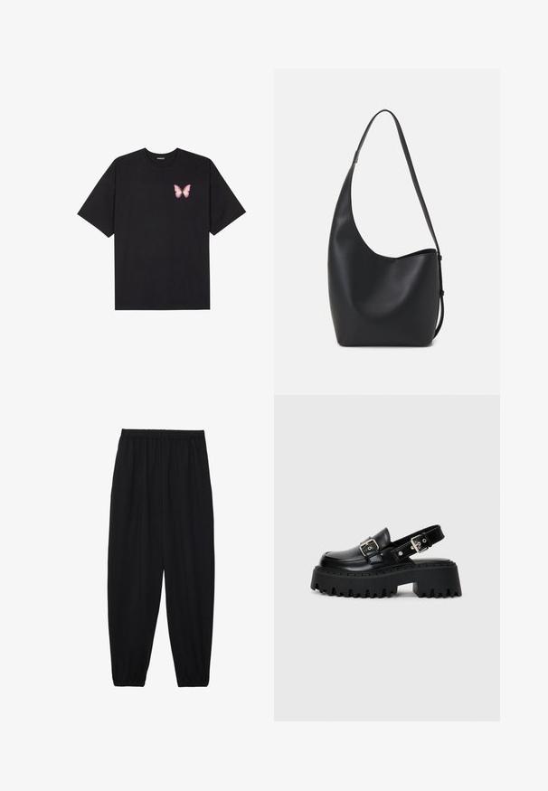 Črna bombažna majica s kratkimi rokavi, ki ima majhen roza metuljček na levi strani prsnega dela. Majica s krožnim ovratnikom in sproščenim krojem.; Črne, lahke hlače z elastičnim pasom in nabranimi gležnji. Tkanina je gladka in ima sproščen, taperiran dizajn.; Črne platformške sandale iz sijoče usnje, z zaponko in strukturo debelega podplata s poudarjenimi rebri.; Črna usnjena hobo torba z gladko teksturo, ukrivljeno obliko in eno nastavljivo naramnico; ima širok odprtina na vrhu.