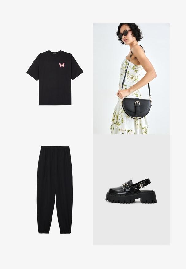 Czarny bawełniany t-shirt z krótkim rękawem, z małym różowym motylkiem na lewej piersi. Klasyczny dekolt z luźnym fasonem.; Czarne, lekkie spodnie z elastycznym pasem i ściągaczami na kostkach. Materiał jest gładki i ma luźny, zwężany krój.; Czarne platformy sandały z błyszczącej skóry, z zapięciem na klamrę oraz teksturowaną grubą podeszwą z wyraźnymi żłobieniami.; Czarna skórzana torebka o zakrzywionym kształcie, z odpinanym paskiem i złotymi akcentami. Torebka posiada klapę z zapięciem w kształcie klamry.