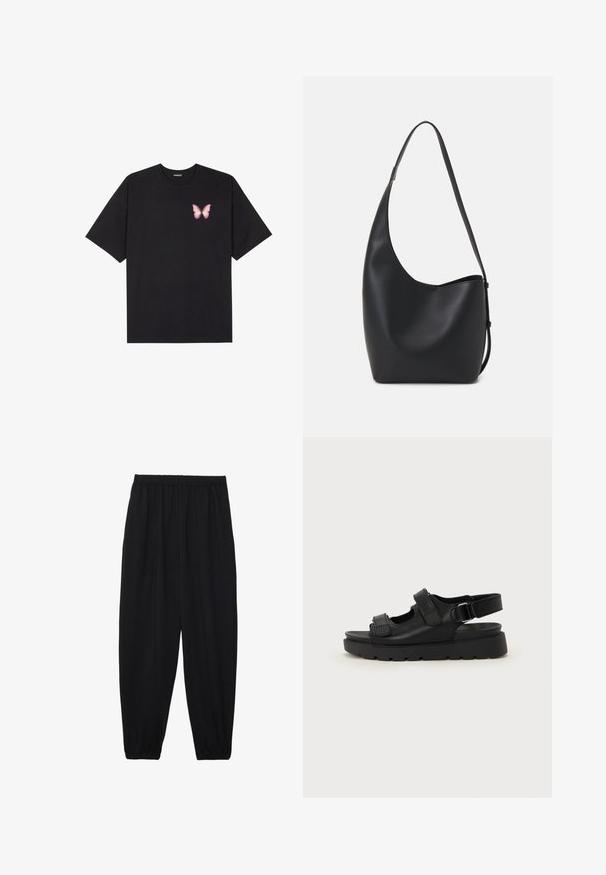 Melna kokvilnas T-krekls ar īsām piedurknēm, kuram priekšā kreisajā pusē ir neliels rozā tauriņa grafiskais attēls. Ar apaļu kaklu un brīvā stila piegriezumu.; Melnas, vieglas bikses ar elastīgu jostu un savilktiem potītiem. Audums ir gluds un to raksturo brīva, sašaurināta forma.; Melnas ādas sandales ar masīvu zoli, regulējamām siksnām un izgriezumiem gaisa caurlaidībai. Gluda tekstūra ar matētu apdari.; Melnas ādas hobo soma ar gludu tekstūru, izliekta forma un vienu regulējamu jostu; augšā ir plaša atvere.