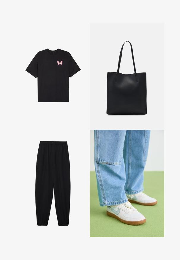 Crna pamučna majica s kratkim rukavima, s malim grafičkim prikazom ružičaste vjetricaste s desne strane na prsima. Dizajn s okruglim izrezom i opuštenim krojem.; Crne, lagane hlače s elastičnom stražnjom pasicom i naboranim gležnjevima. Tkanina je glatka i ima opušteni, suženi dizajn.; Bijele tenisice s svijetloplavim naglascima, teksturiranim mrežastim gornjim dijelom i smešim gumiranim potplatom, uparenim s opuštenim svijetloplavim trapericama.; Crna kožna torba za nošenje s glatkom teksturom, pravokutnim oblikom i dvije duge ručke. Nema vidljivih metalnih dijelova ili ukrasa.