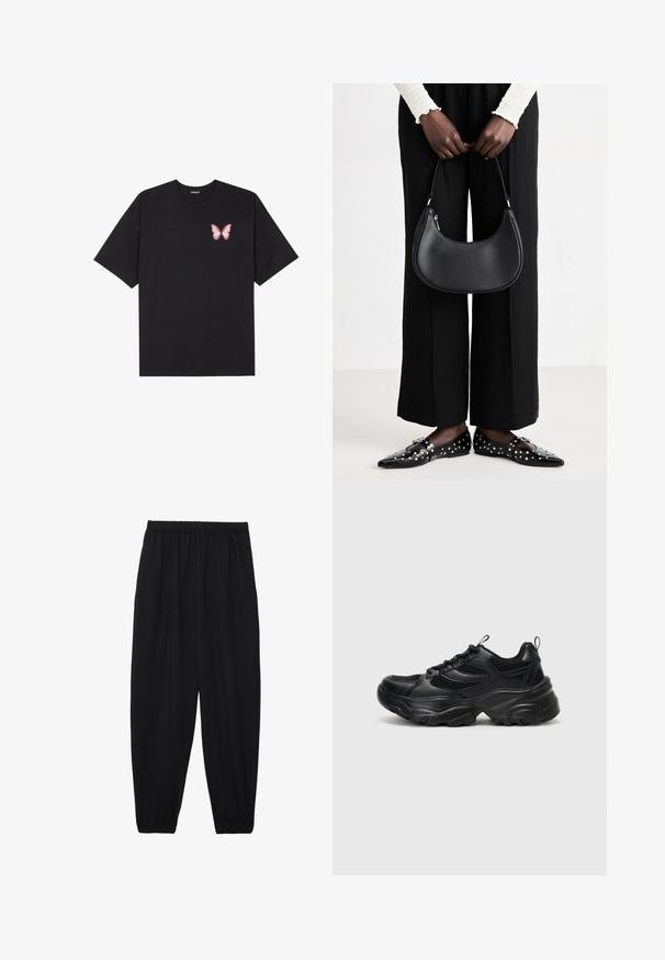 T-shirt de algodão preto com mangas curtas, apresentando um pequeno gráfico de borboleta rosa no lado esquerdo do peito. Design de gola redonda com um corte solto.; Calças pretas, leves, com um cinto elástico e punhos franzidos. O tecido é suave e apresenta um design relaxado e afunilado.; Even&Odd Sapatilhas - black; Bolsa de ombro de couro preta com forma arredondada, acabamento brilhante e ferragens prateadas. Pessoa vestindo calças largas pretas e mocassins com tachas.