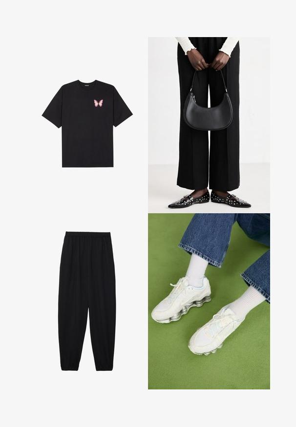 T-shirt de algodão preto com mangas curtas, apresentando um pequeno gráfico de borboleta rosa no lado esquerdo do peito. Design de gola redonda com um corte solto.; Calças pretas, leves, com um cinto elástico e punhos franzidos. O tecido é suave e apresenta um design relaxado e afunilado.; Ténis de malha brancos com almofadado prateado, apresentando texturas intrincadas e um design de atacadores, combinados com meias brancas caneladas e jeans.; Bolsa de ombro de couro preta com forma arredondada, acabamento brilhante e ferragens prateadas. Pessoa vestindo calças largas pretas e mocassins com tachas.