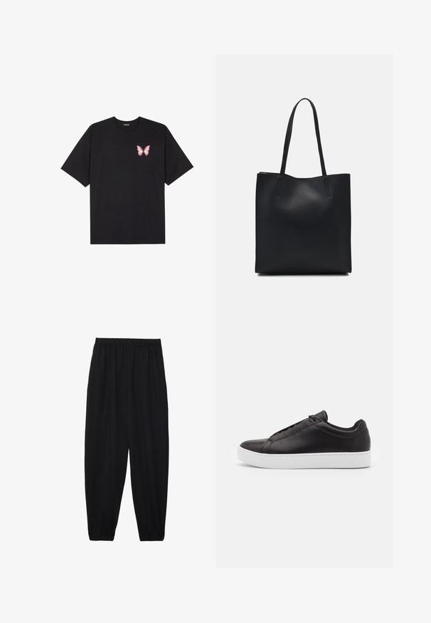 Musta puuvillapaita lyhyillä hihoilla, jossa on pieni vaaleanpunainen perhosgrafiikka vasemmassa rinnassa. Pyöreä kaula-aukko ja rento istuvuus.; Mustat, kevyet housut, joissa on joustava vyötärö ja kerätyt nilkat. Kangas on sileä ja siinä on rento, kapeneva muotoilu.; Musta nahkakengät, joissa on sileä pinta, matala muotoilu ja paksu valkoinen kumipohja. Sivussa hienovaraiset ompelu yksityiskohdat.; Mustapahkainen kangaskassi, jossa on sileä pinta, suorakaiteen muotoinen ja kaksi pitkää kahvaa. Ei näkyvää metalliosaa tai koristeita.