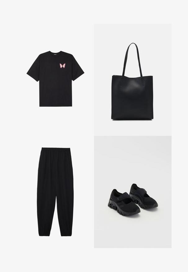 Black cotton t-shirt with short sleeves, featuring a small pink butterfly graphic on the left chest. Crew neck design with a relaxed fit.; Black, lightweight pants with an elastic waistband and gathered ankles. The fabric is smooth and features a relaxed, tapered design.; Black athletic shoes featuring mesh upper, secure strap across the instep, thick sole with rounded cutouts, and textured detailing on the sides.; Black leather tote bag with smooth texture, rectangular shape, and two long handles. No visible hardware or embellishments.