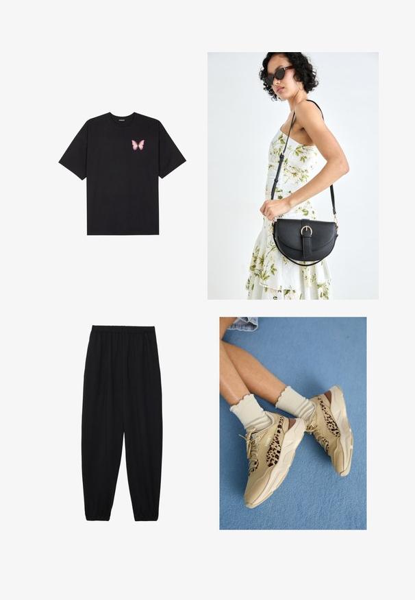 Melna kokvilnas T-krekls ar īsām piedurknēm, kuram priekšā kreisajā pusē ir neliels rozā tauriņa grafiskais attēls. Ar apaļu kaklu un brīvā stila piegriezumu.; Melnas, vieglas bikses ar elastīgu jostu un savilktiem potītiem. Audums ir gluds un to raksturo brīva, sašaurināta forma.; Sakrustotas kājas, valkājot bēša krāsas Puma sporta apavus ar leoparddrukas svītrām un volānu krēmkrāsas zeķes uz zilas paklāja grīdas.; Melnas ādas rokassoma ar izliekta formu, noņemamu siksnu un zelta aksesuāriem. Somai ir vāciņš ar sprādzes detaļu.