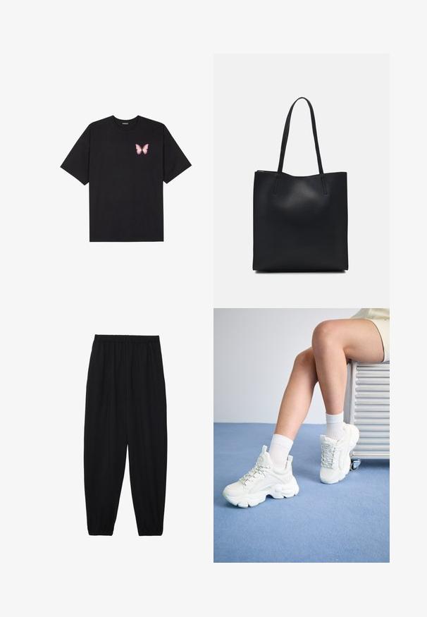 T-shirt en coton noir à manches courtes, avec un petit graphique de papillon rose sur la poitrine gauche. Modèle à col rond avec une coupe décontractée.; Pantalons noirs légers avec une taille élastique et des chevilles froncées. Le tissu est lisse et présente un design décontracté et fuselé.; Baskets blanches à lacets avec une semelle épaisse, en matériau synthétique lisse, accents texturés et une languette au niveau du talon.; Sac fourre-tout en cuir noir avec une texture lisse, de forme rectangulaire et deux longues poignées. Pas de matériel ou d'ornementations visibles.