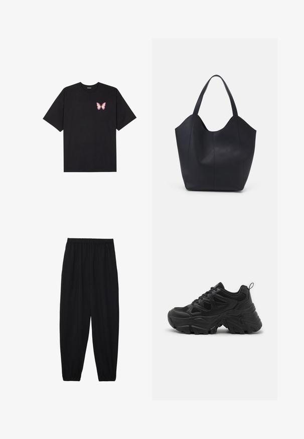 Black cotton t-shirt with short sleeves, featuring a small pink butterfly graphic on the left chest. Crew neck design with a relaxed fit.; Black, lightweight pants with an elastic waistband and gathered ankles. The fabric is smooth and features a relaxed, tapered design.; Black athletic shoes with a textured mesh upper, curved rubber sole, and prominent tread pattern. Features integrated lacing and pull tab.; Black tote bag made of smooth leather, featuring a curved, open top with two shoulder straps and a minimalist design.