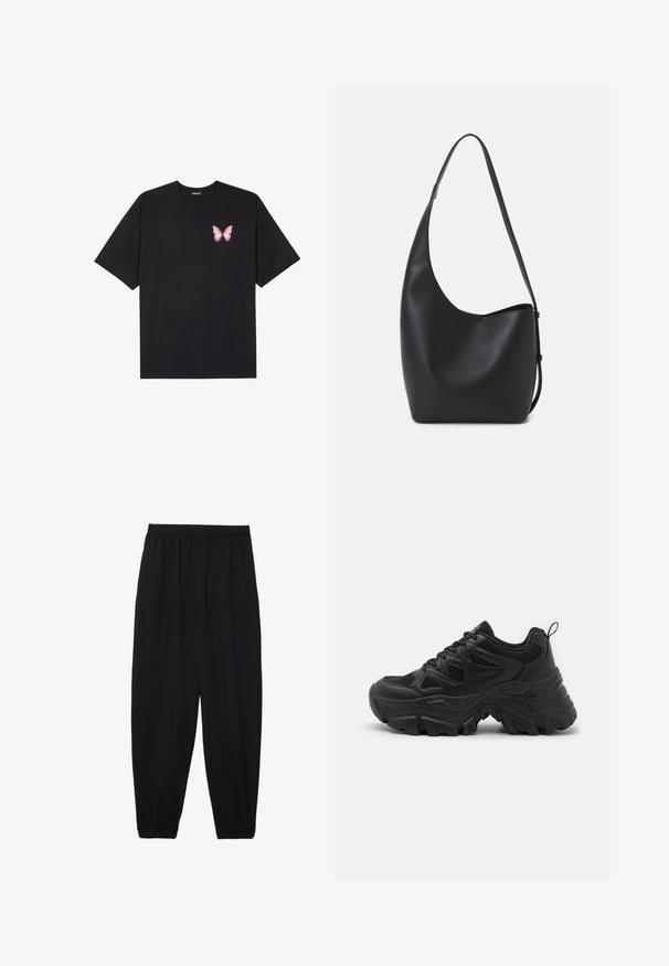 Black cotton t-shirt with short sleeves, featuring a small pink butterfly graphic on the left chest. Crew neck design with a relaxed fit.; Black, lightweight pants with an elastic waistband and gathered ankles. The fabric is smooth and features a relaxed, tapered design.; Black athletic shoes with a textured mesh upper, curved rubber sole, and prominent tread pattern. Features integrated lacing and pull tab.; Black leather hobo bag with a smooth texture, curved shape, and single adjustable strap; features a wide opening at the top.