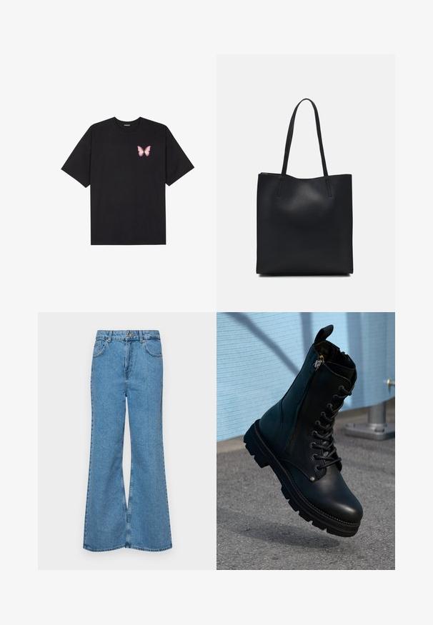 Camiseta de algodón negra de manga corta, con un pequeño gráfico de mariposa rosa en el lado izquierdo del pecho. Diseño de cuello redondo con un corte relajado.; Jeans acampanados de color azul claro hechos de denim, con una cintura alta, cinco bolsillos y un cierre de botón. Textura suave con acabado desgastado.; Botas de tobillo de cuero negro con diseño de cordones, cremallera lateral, acabado texturizado y suela robusta con tacos prominentes.; Bolso tote de cuero negro con textura lisa, forma rectangular y dos asas largas. Sin herrajes ni adornos visibles.