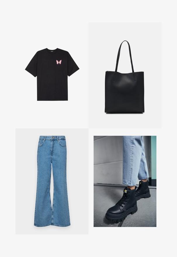 Černé bavlněné tričko s krátkým rukávem, na levém prsou s malou grafikou růžové motýlky. Design s kruhovým výstřihem a volným střihem.; Světle modré rozšířené džíny z denimu, se zvýšeným pasem, pěti kapsami a jedním knoflíkem na zapínání. Měkký povrch s vybledlým vzhledem.; Černé kotníkové boty s texturovanou koženou úpravou, silnou gumovou podrážkou a černými tkaničkami, v kombinaci s světle modrými džínsy s manžetou.; Černá kožená taška přes rameno s hladkým povrchem, obdélníkovým tvarem a dvěma dlouhými uchy. Žádné viditelné kování ani ozdoby.