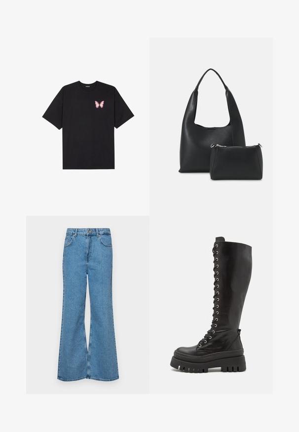 Camiseta de algodón negra de manga corta, con un pequeño gráfico de mariposa rosa en el lado izquierdo del pecho. Diseño de cuello redondo con un corte relajado.; Jeans acampanados de color azul claro hechos de denim, con una cintura alta, cinco bolsillos y un cierre de botón. Textura suave con acabado desgastado.; Steve Madden CARINA - Botas con plataforma - black; Even&Odd Bolso de mano - black