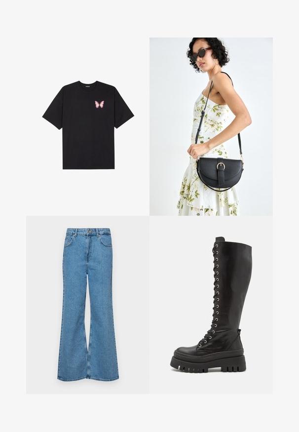 Fekete pamut póló rövid ujjakkal, bal mellkason egy kis rózsaszín pillangó grafikával. Kerek nyakú kialakítás, laza fazonnal.; Világoskék, trapézszárú farmernadrág, magas derékkal, öt zsebbel és egy gombos záródással. Puha tapintású, magasított effektusú anyag.; Steve Madden CARINA - Platform csizmák - black; Fekete bőrtáska ívelt formával, levehető pánttal és arany színű fémrészekkel. A táskán egy csattal díszített fedél található.