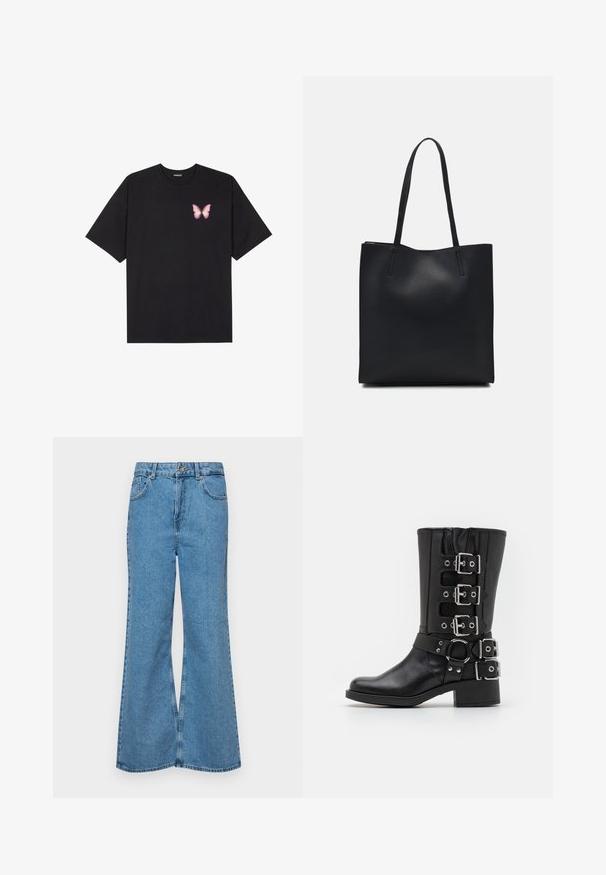 Čierne bavlnené tričko s krátkymi rukávmi, s malým ružovým motýlikom na ľavej hrudi. Design s okrúhlym výstrihom a uvoľneným strihom.; Svetlomodré rozšírené džínsy vyrobené z denimu, s vysokým pásom, piatimi vreckami a jednopoložkovým zapínaním na gombík. Mäkká textúra s vyblednutým povrchom.; Čierna kožená čižma s vysokým zvrškom, vybavená niekoľkými striebornými prackami a popruhmi, s obručovým akcentom a masívnym podpätkom. Matný povrch.; Čierna kožená taška na rameno s hladkým povrchom, obdĺžnikovým tvarom a dvoma dlhými uchami. Bez viditeľného kovania alebo ozdôb.