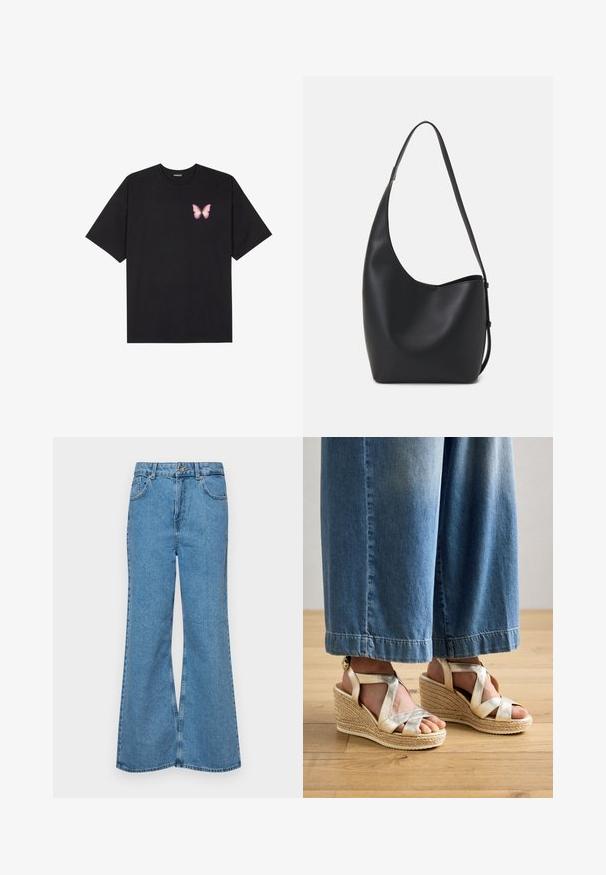 Must muströöpidega must puuvillane T-särk, vasakul rinnal on väike roosa liblikas. Ümar kaelus ja vabalt istuv lõige.; Heledad sinine flared teksade rõivad, millel on kõrge talje, viis taskut ja üks nupulukk. Pehme tekstuur ja pleekinud viimistlus.; Kuldsete vöödega platvormsandaalid, millel on kudumisega jute aluspind. Omab laiadest ristvöödetest ja ümarast varba disainist. Kantud helesiniste laiade pükstega.; Mustast nahast hobo kott, millel on sile tekstuur, kumer kuju ja üks reguleeritav rihm; peal on lai avaus.