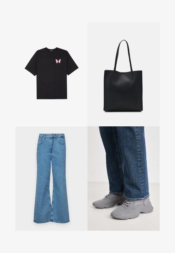 Fekete pamut póló rövid ujjakkal, bal mellkason egy kis rózsaszín pillangó grafikával. Kerek nyakú kialakítás, laza fazonnal.; Világoskék, trapézszárú farmernadrág, magas derékkal, öt zsebbel és egy gombos záródással. Puha tapintású, magasított effektusú anyag.; Steve Madden MATCHE - Sportcipő - paloma grey; Fekete bőrtáska sima felszínnel, téglalap alakú, két hosszú füllel. Nincs látható fémkiegészítő vagy díszítés.