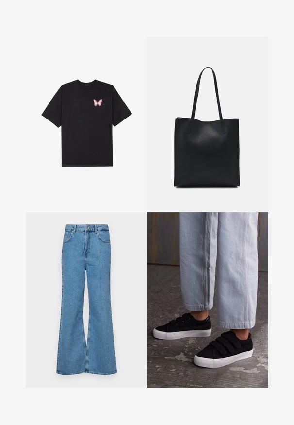 Must muströöpidega must puuvillane T-särk, vasakul rinnal on väike roosa liblikas. Ümar kaelus ja vabalt istuv lõige.; Heledad sinine flared teksade rõivad, millel on kõrge talje, viis taskut ja üks nupulukk. Pehme tekstuur ja pleekinud viimistlus.; Mustad musta tergeli tossud kolme takjakindaga ja tekstureeritud ülemise osaga. Madala profiiliga valge kummitald. Kombineeritud helee diivanitas üle nõrga blondi hilbaga.; Mustast nahast kott sujuva tekstuuriga, ristkülikukujuline ja kahe pika sangaga. Pole nähtavat riistvara ega kaunistusi.