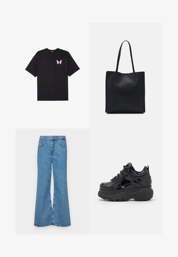 Must muströöpidega must puuvillane T-särk, vasakul rinnal on väike roosa liblikas. Ümar kaelus ja vabalt istuv lõige.; Heledad sinine flared teksade rõivad, millel on kõrge talje, viis taskut ja üks nupulukk. Pehme tekstuur ja pleekinud viimistlus.; Mustad platvormi tossud läikiva patendi viimistlusega, paksude kummitaldadega, nööridega kinnitusega ja kõrval logo detailiga.; Mustast nahast kott sujuva tekstuuriga, ristkülikukujuline ja kahe pika sangaga. Pole nähtavat riistvara ega kaunistusi.